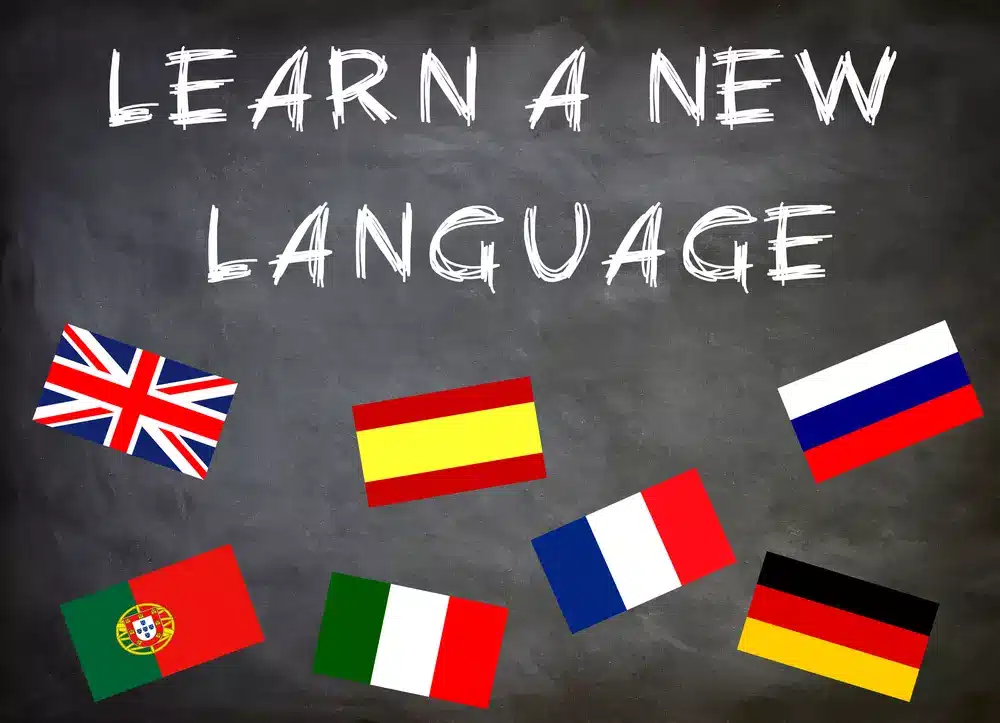 Image avec les drapeaux de plusieurs pays : France, Espagne, Allemagne, Italie, Portugal, Royaume Unis et Russie. "learn a new language" - stages d'anglais d'allemand et d'espagnol - Vend'études