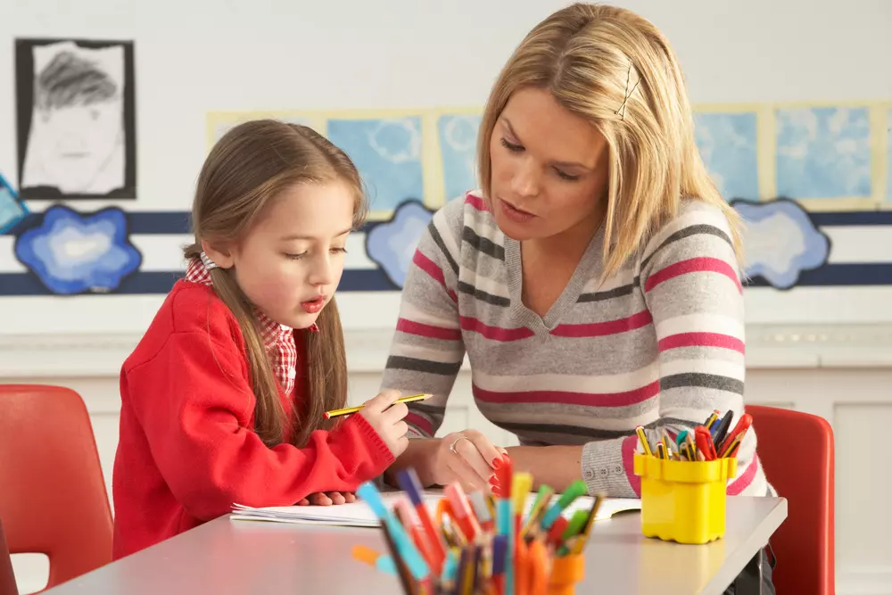 Professeur qui aide une élève de primaire - soutien scolaire primaire - Vend'études