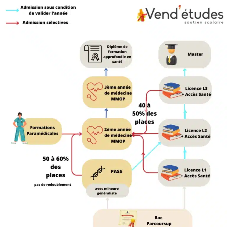 Ce schéma Vend'études explique les filières post bac PASS et L.AS et les passerelles entre les différents parcours.